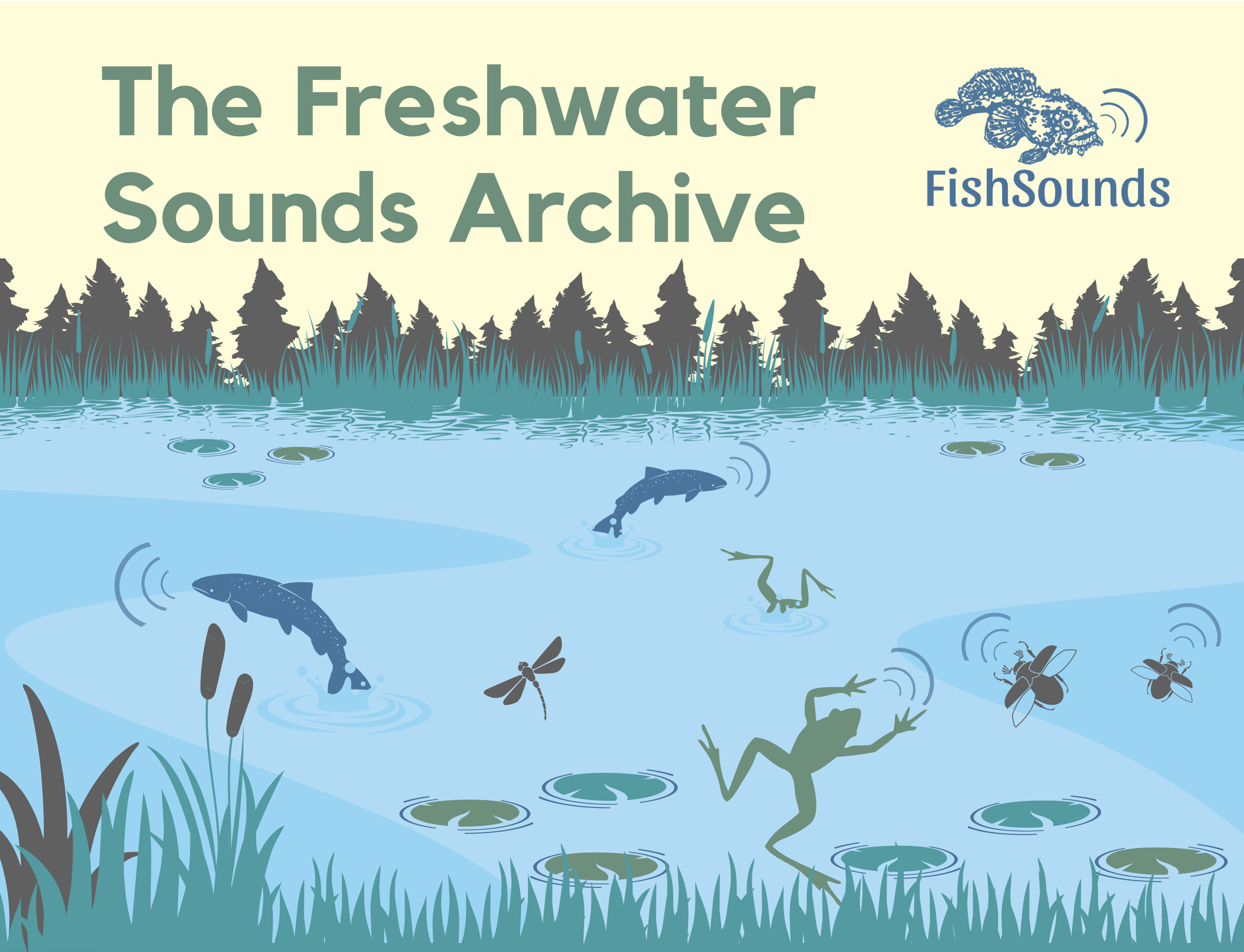 the title 'The Freshwater Sound Archive' and logos for the Consejo Superior de Investigaciones Científicas and FishSounds appear above a stylized image of a freshwater pond with fish, frogs, and insects making noise