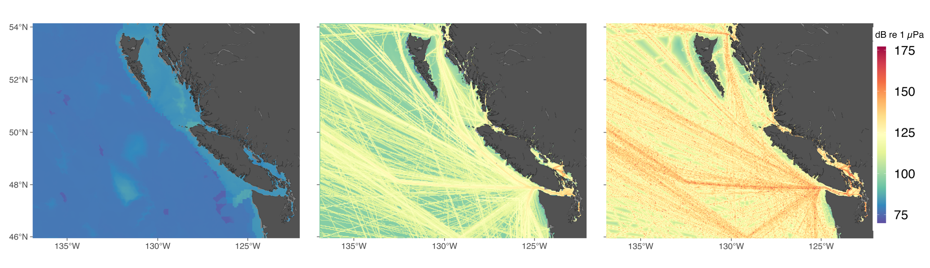 three maps of the Southern coast of British Columbia with colors representing sound levels depicted on each; the first map depicts ambient sound and is all shades of blue indicating sound levels of approximately 75 decibels; the second map depicts average sound measured from vessels with lines crossing the water in yellow indicating sound levels of approximately 125 decibels; the third map depicts maximum sound from vessels and many of the lines across the water are orange or red indicating sound levels of 150 decibels or more